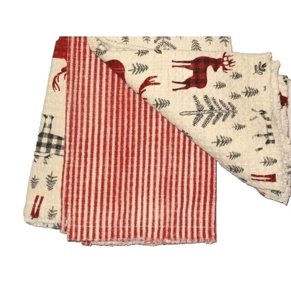 Elk Trees Kitchen Tea Towels 3pc Stripe Waffle Weave Cotton Red Plaid Gift NEW - Picture 3 of 3